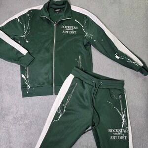 Rockstar Original Mens S Tracksuit Set Green Art Dist Paint Splatter Zip Jacket